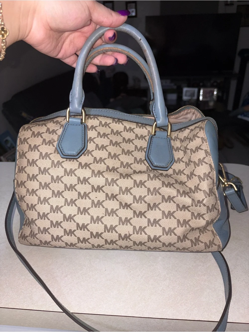 Michael Kors Beige MK Signature Satchel with Light Blue Trim